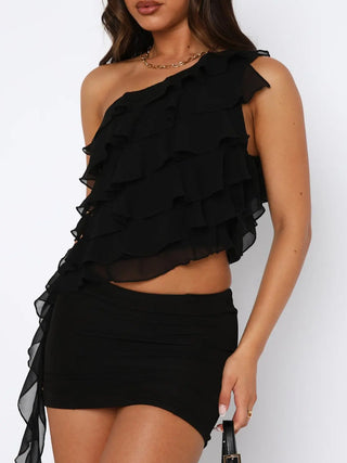 Layered Ruffled One Shoulder Tank Divacious