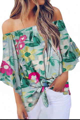 Tied Printed Off-Shoulder Half Sleeve Blouse Divacious