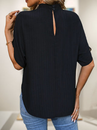 Ruched Mock Neck Half Sleeve Blouse Divacious