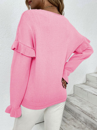 Ruffled V-Neck Dropped Shoulder Sweater Divacious