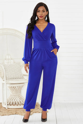 Gathered Detail Surplice Lantern Sleeve Jumpsuit Divacious