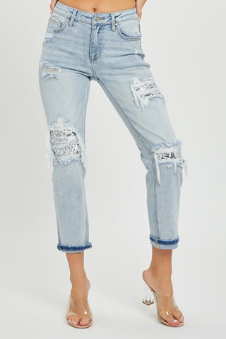 Mid-Rise Sequin Patched Jeans Divacious