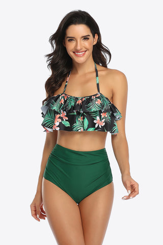 Two-Tone Ruffled Halter Neck Two-Piece Swimsuit Divacious