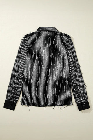 Sequin Collared Neck Long Sleeve Shirt - Divacious