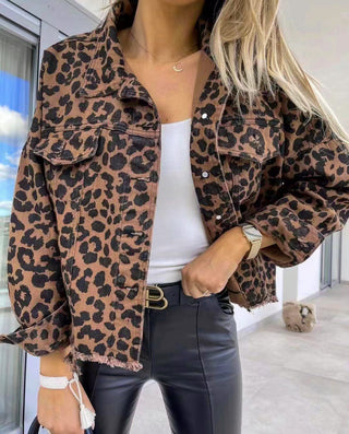 Raw Hem Leopard Collared Neck Denim Jacket - Divacious