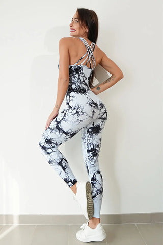 Printed Crisscross Wide Strap Jumpsuit Divacious