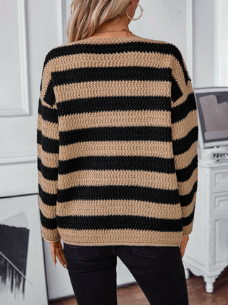 Striped Dropped Shoulder Long Sleeve Sweater Divacious