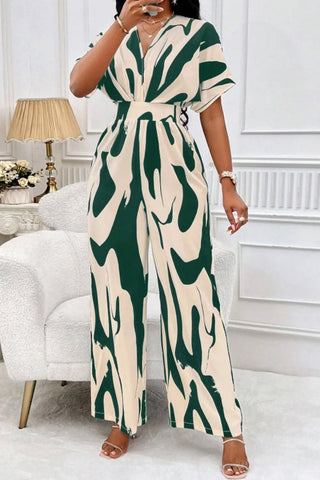 Printed V-Neck Short Sleeve Wide Leg Jumpsuit Divacious