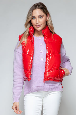 Snobbish Zip Up Turtleneck Shiny Quilted Vest Trendsi