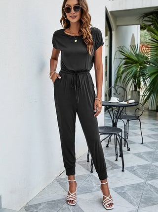 Drawstring Waist Short Sleeve Jogger Jumpsuit Divacious