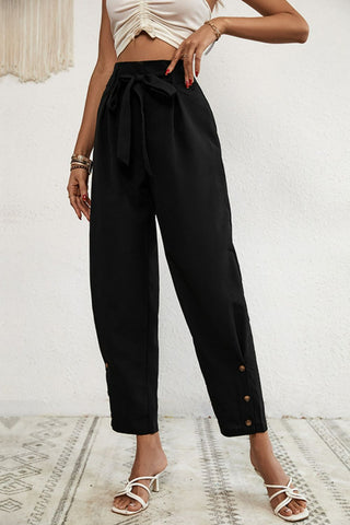 Buttoned Tie-Waist Cropped Pants Divacious