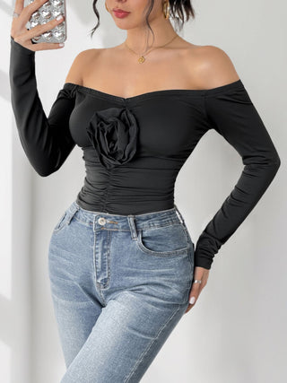 Ruched Flower Off-Shoulder Long Sleeve Bodysuit - Divacious