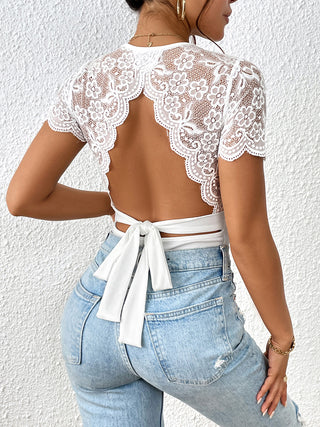 Lace Backless Round Neck Bodysuit Divacious