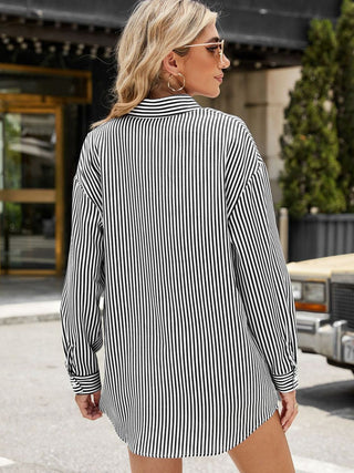 Pocketed Striped Collared Neck Long Sleeve Shirt Divacious