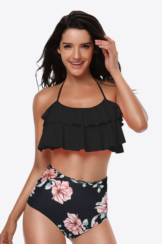 Two-Tone Ruffled Halter Neck Two-Piece Swimsuit Divacious