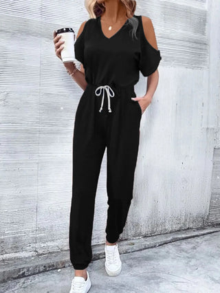 V-Neck Cold-Shoulder Jumpsuit with Pockets Divacious