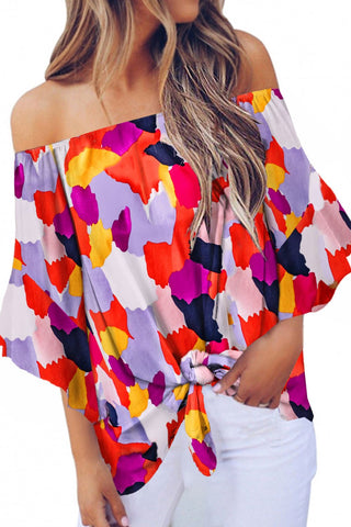 Tied Printed Off-Shoulder Half Sleeve Blouse Divacious