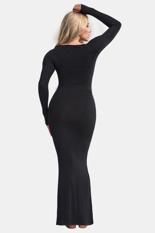 Built-In Shapewear Square Neck Long Sleeve Maxi Dress - Divacious