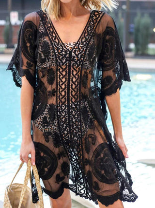 Lace V-Neck Half Sleeve Cover-Up Divacious