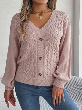 Cable-Knit V-Neck Lantern Sleeve Sweater Divacious