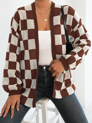 Checkered Open Front Long Sleeve Cardigan - Divacious