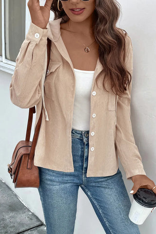 Ribbed Button Up Drawstring Hooded Jacket Divacious