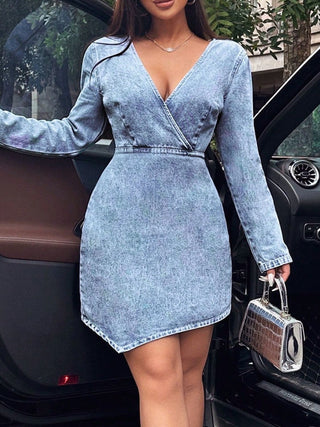 Surplice Long Sleeve Denim Dress - Divacious