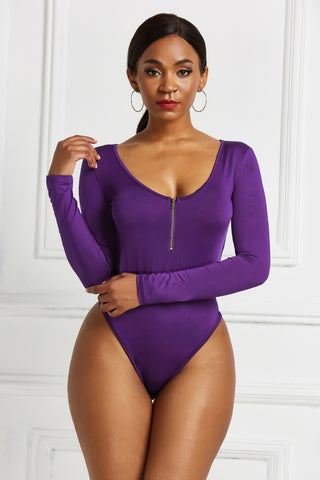 Half Zip Scoop Neck Long Sleeve Bodysuit Divacious