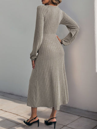 Ribbed Tied Surplice Long Sleeve Dress - Divacious