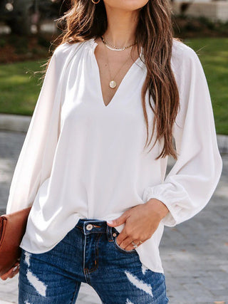 Notched Neck Long Sleeve Blouse Divacious