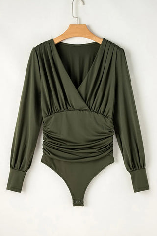 Ruched Surplice Long Sleeve Bodysuit - Divacious