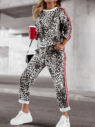 Leopard Round Neck Long Sleeve Top and Pants Set - Divacious