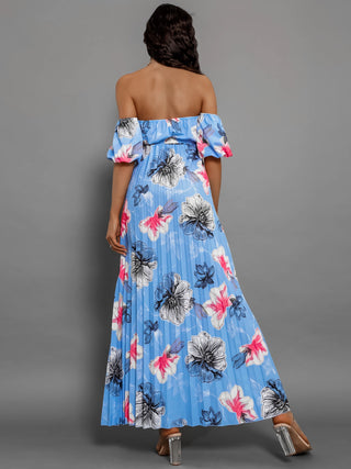 Pleated Floral Off-Shoulder Short Sleeve Midi Dress Trendsi