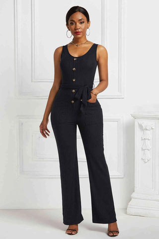 Button Detail Tie Waist Jumpsuit with Pockets Divacious