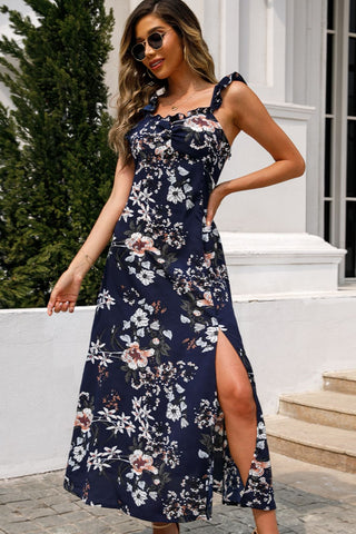 Shiny Floral Print Sleeveless Square Neck Slit Midi Dress Trendsi