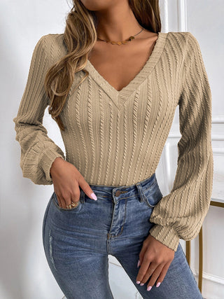 Cable-Knit V-Neck Long Sleeve Knit Top Divacious