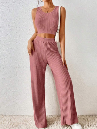 Ribbed Round Neck Tank and Pants Sweater Set Trendsi