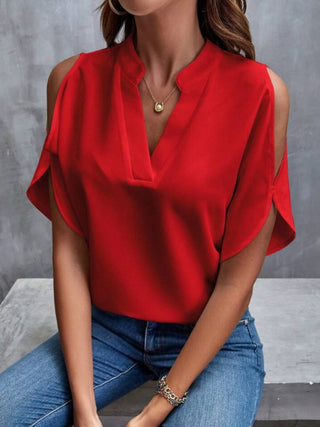 Notched Cold Shoulder Half Sleeve Blouse Divacious