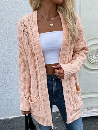 Woven Right Cable-Knit Open Front Cardigan with Front Pockets Divacious