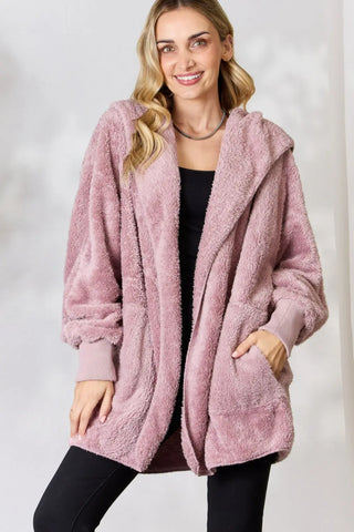 H&T Faux Fur Open Front Hooded Jacket Divacious