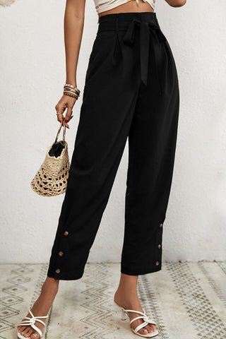 Buttoned Tie-Waist Cropped Pants Divacious