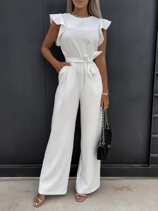 Ruffled Round Neck Cap Sleeve Jumpsuit Divacious