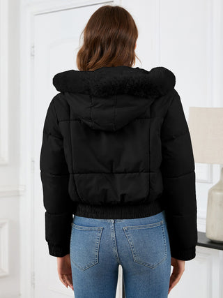 Pocketed Long Sleeve Cropped Hooded Winter Coat - Divacious