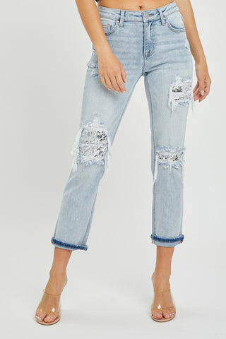 Mid-Rise Sequin Patched Jeans Divacious