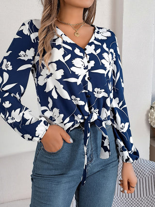 Printed V-Neck Long Sleeve Blouse Divacious