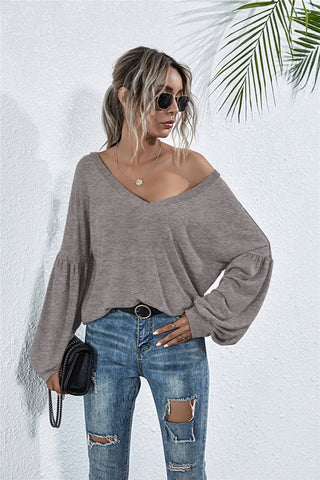 V-Neck Long Sleeve Dropped Shoulder Knit Top Divacious