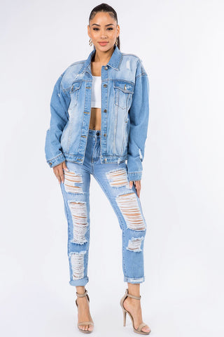 Graphic Distressed Long Sleeve Denim Jacket Divacious