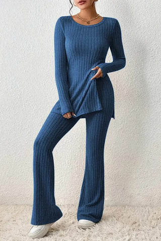 Ribbed Long Sleeve Slit Top and Bootcut Pants Set Trendsi