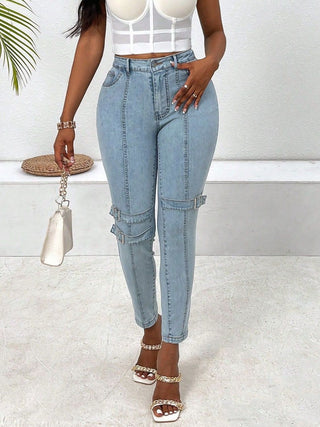 Decorative Buckle Skinny Jeans with Pockets - Divacious