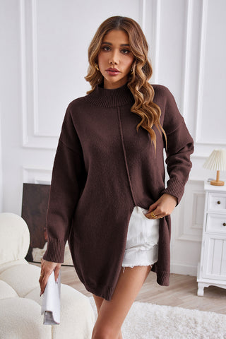 Exposed Seam Mock Neck Slit Sweater Divacious